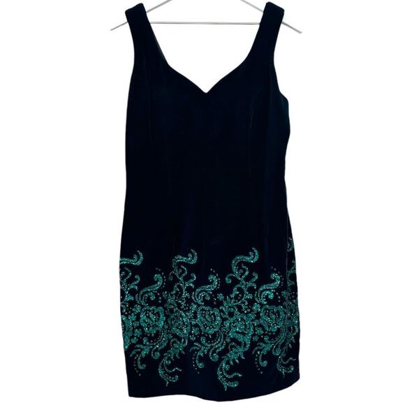Vintage Zum Zum Velvet Mini Dress Size 9 Green Glitter Baroque Detail - Picture 2 of 12